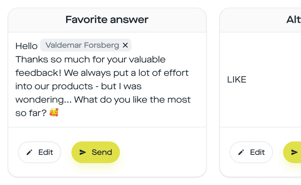 Favorisierte Antwort mit „Send"-Button